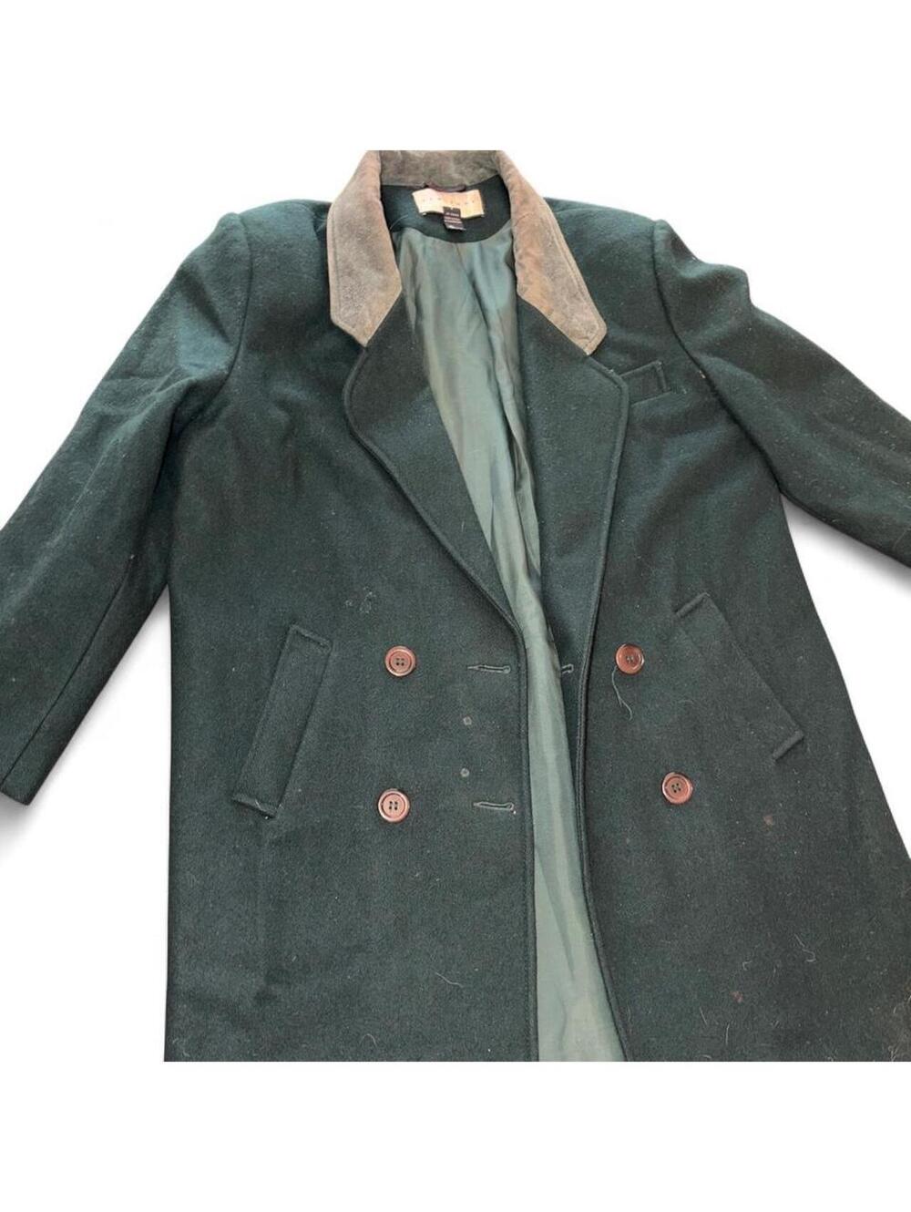 Jones New York Wool Coat Double Breasted Hunter Green Suede Collar Womens Vtg